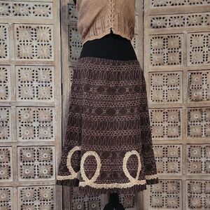 WD.NY Brown A-Line Western Vibe Midi Skirt with Cream Embroidery 12